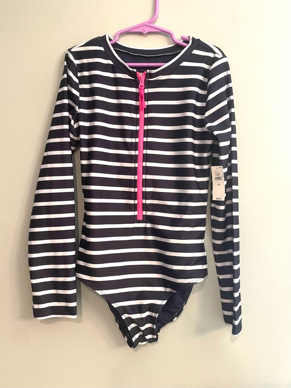 GAP Kids Navy & White Stripe Long-Sleeve One-Piece with Pink Zip